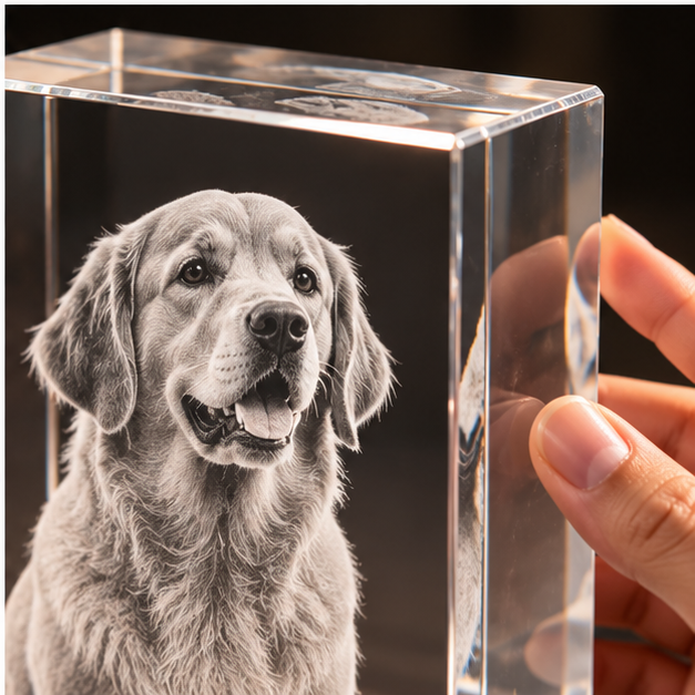 Detalle del cristal 3D personalizado de mascota